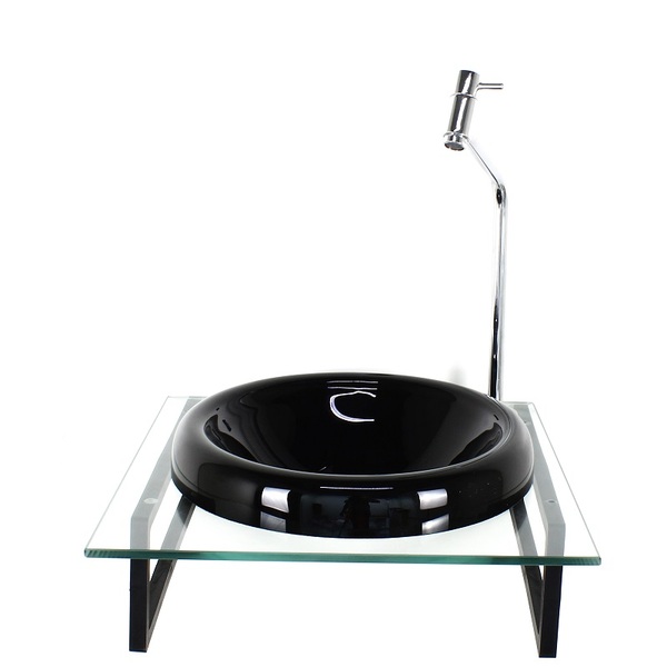 Gabinete Com Cuba De Vidro Chapeu 10mm Preta Com Tampo 40cm Incolor Mais Torneira Metal Cromada